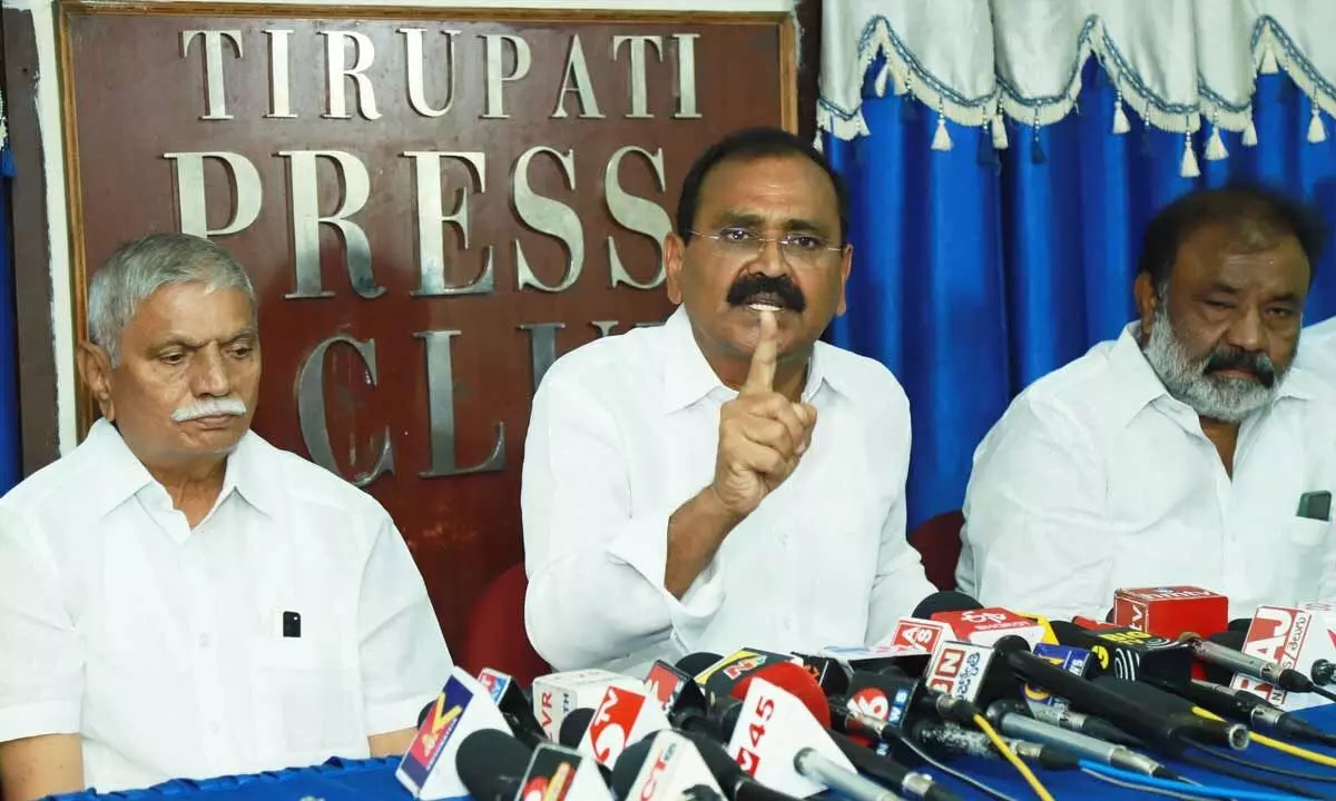 MLA Bhumana Karunakar Reddy addressing the media at press club in Tirupati  on Wednesday