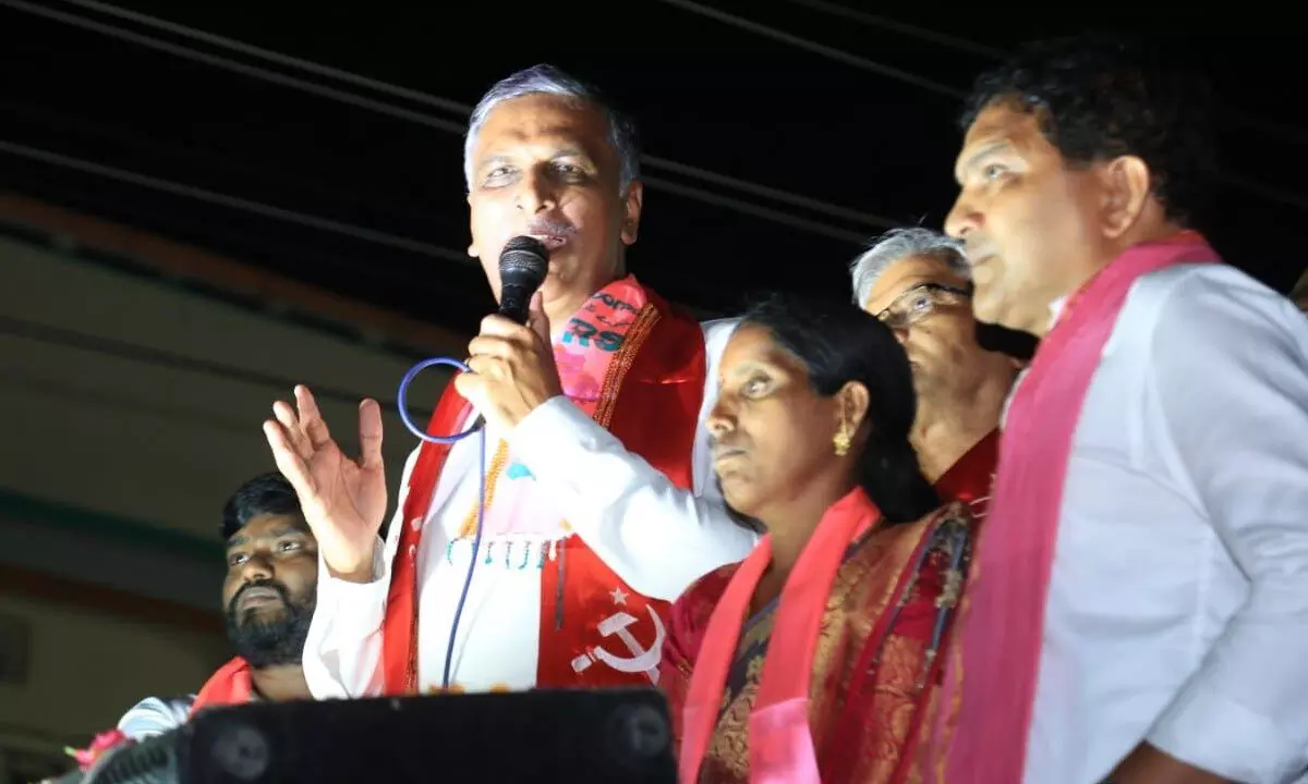 Health Minister Harish Rao along with MLA Saidi Reddy addressing the people in Panthagi vilage on Wednesday