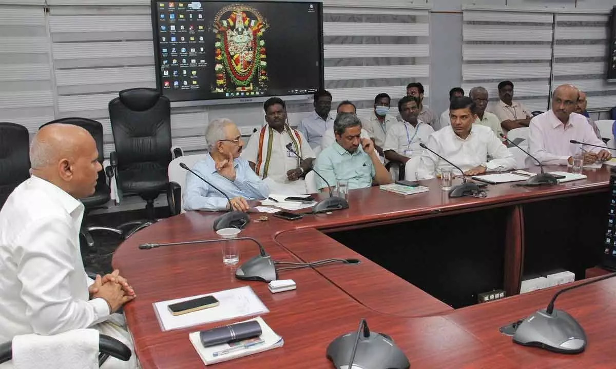 TTD Executive Officer A V Dharma Reddy holds review on mechanisation of boondi making to increase laddu production, in Tirumala on Friday