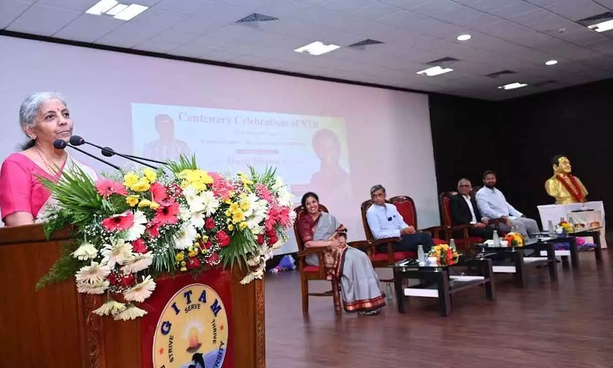 Union Finance Minister Nirmala Sitharaman delivering the NTR Memorial Lecture organised as a part of NTR centenary celebrations at GITAM in Visakhapatnam on Friday
