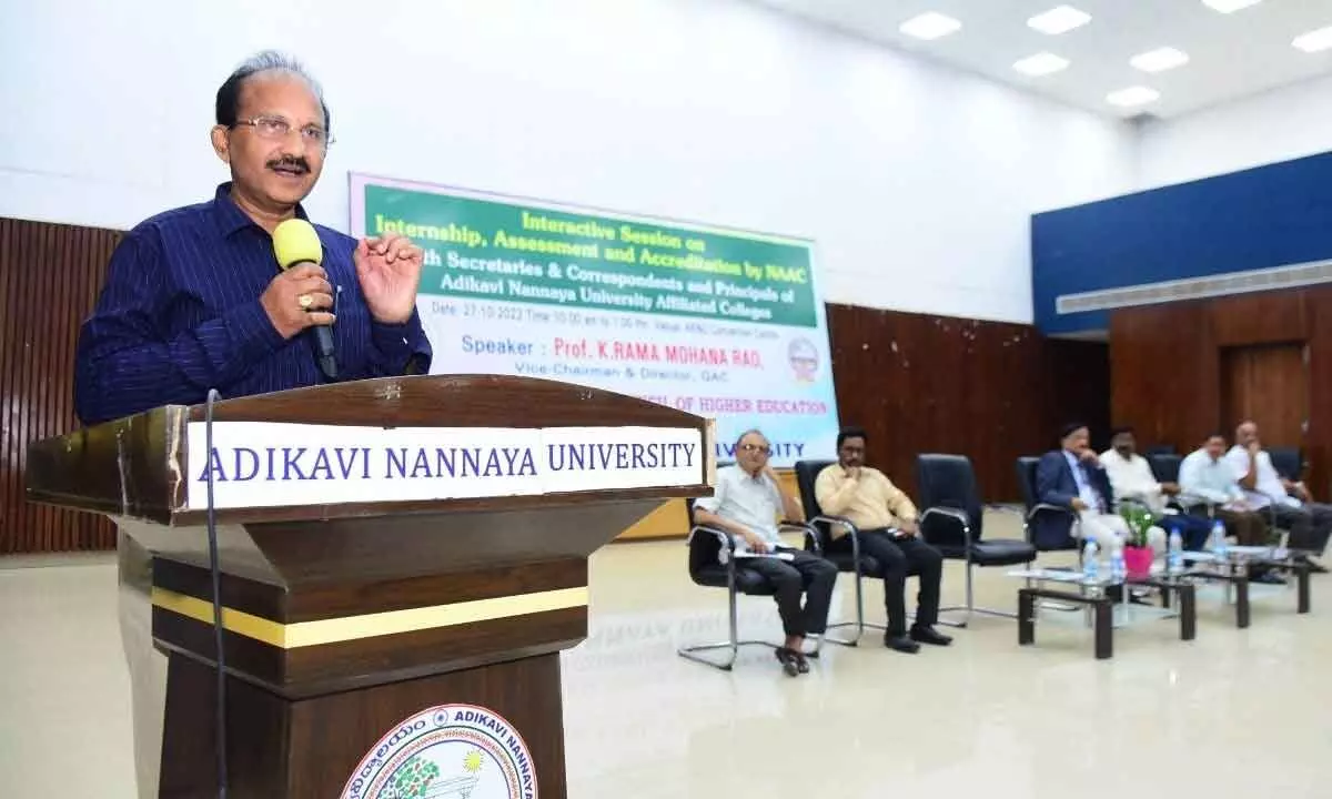 AP State Council of Higher Education Vice-Chairman and Director (Quality Assessment Cell) Prof K Rama Mohana Rao speaking at a meeting at Adikavi Nannaya University in Rajamahendravaram on Friday