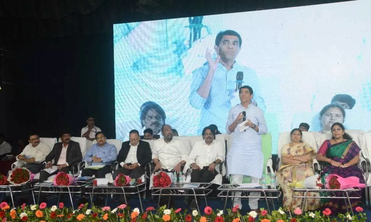 Finance Minister Buggana Rajendranath speaking at a meeting held in Visakhapatnam on Friday