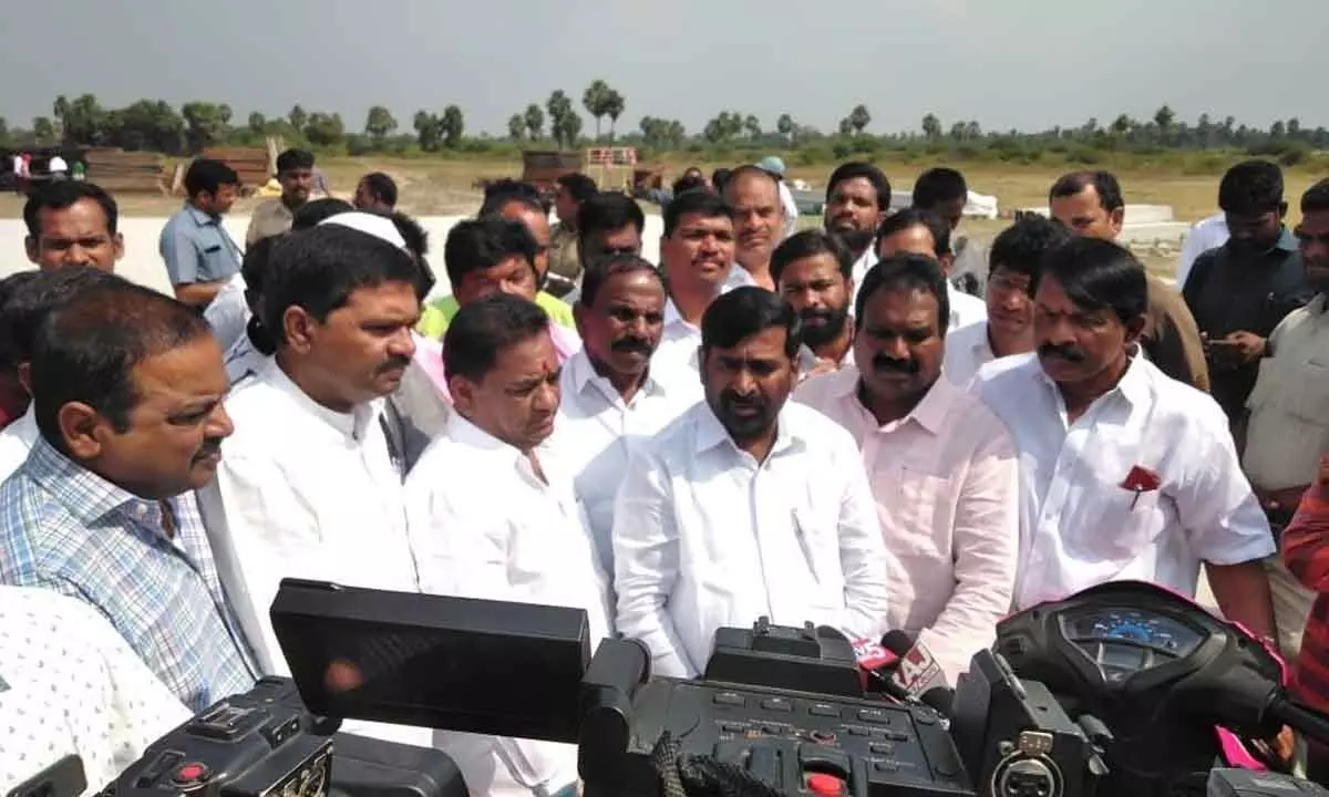 Minister Jagadish Reddy along with other leaders addressing the media after inspect KCR’s public meeting venue in Bangarigadda on Friday