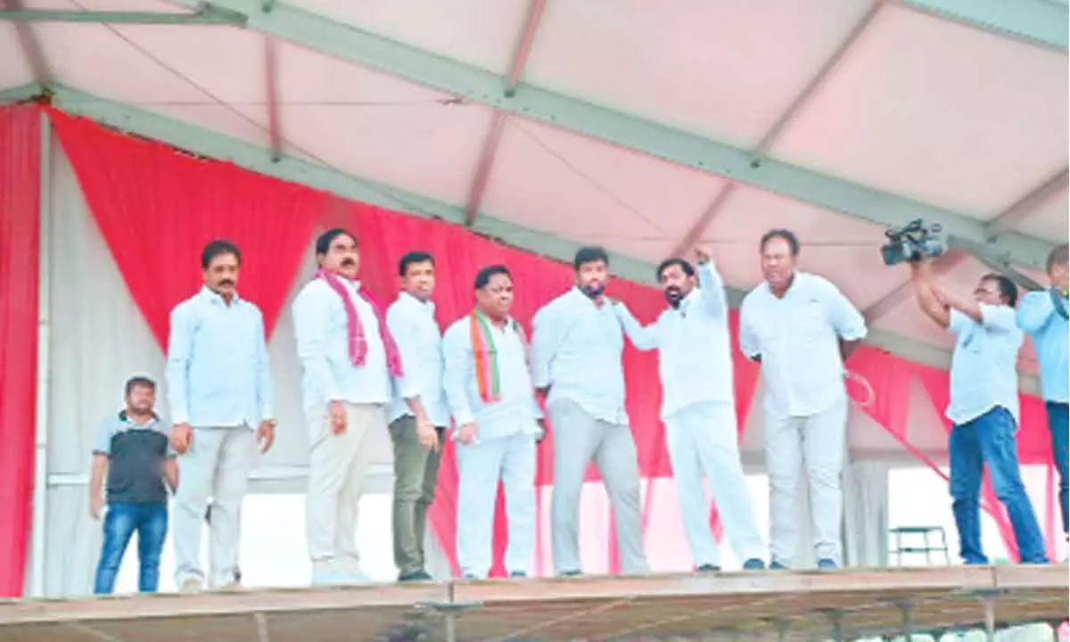 TRS leaders led by Energy Minister Jagadish Reddy oversee works at Banagarigadda, the venue where TRS chief K Chandrashekar Rao will address a public meeting on Sunday
