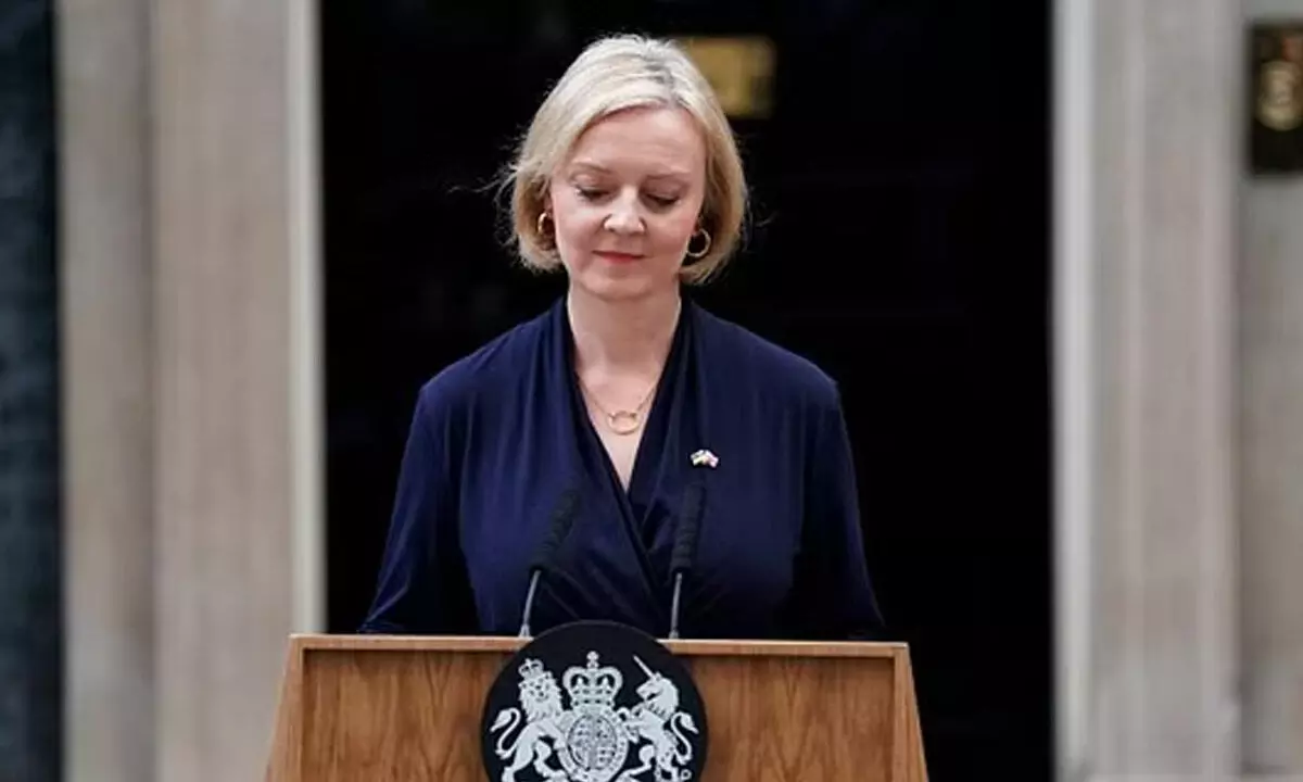 Britains Ex-Prime Minister Liz Truss addresses the media in Downing Street in London. (Photo | AP)