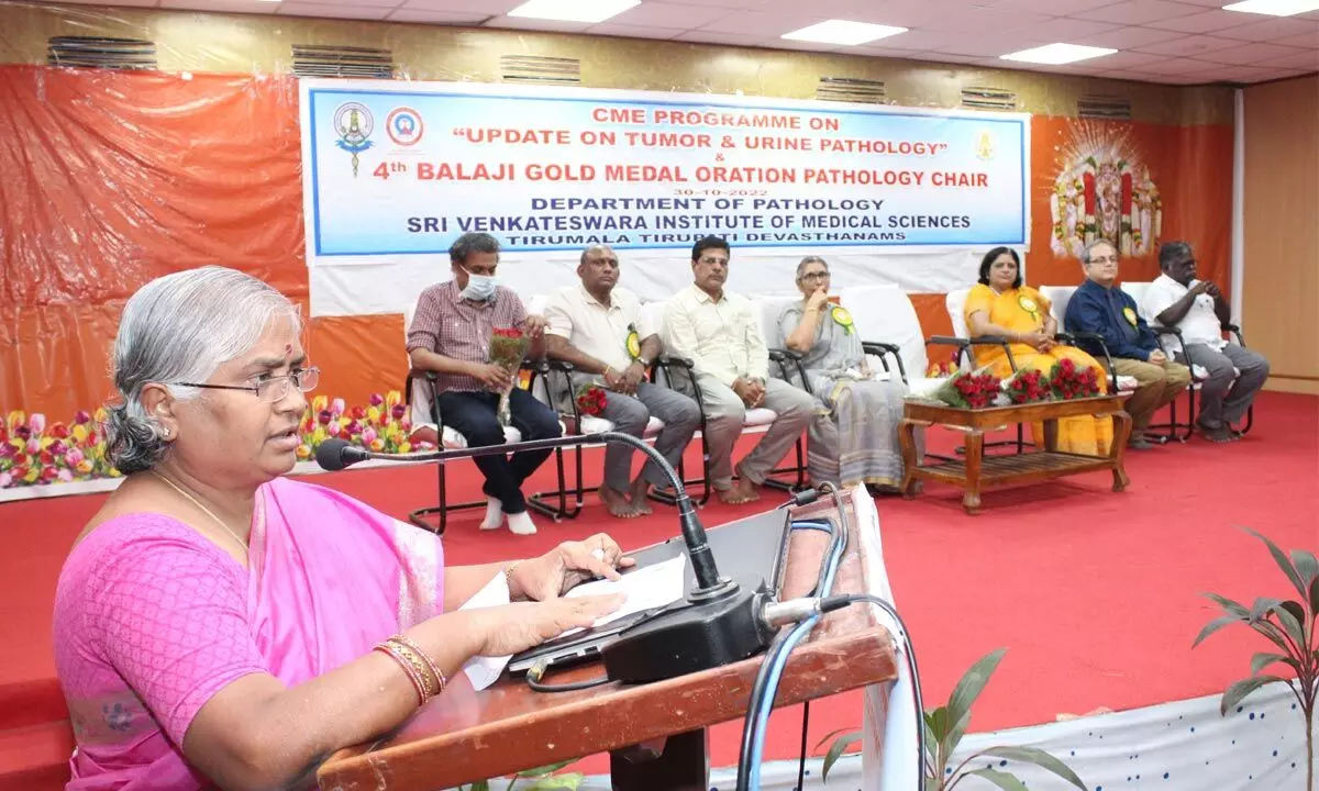 SVIMS Director Dr B Vengamma speaking at the Balaji gold medal chair oration programme in Tirupati on Sunday