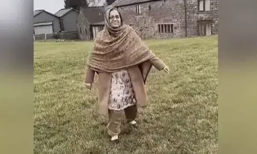 The elderly woman is seen grooving to the beats of the hit song.