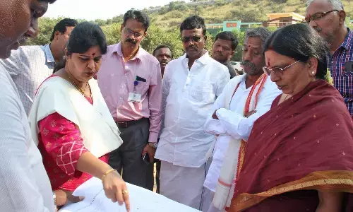 TTD JEO Sada Bhargavi along with TTD Trust Board member and MLA Rambhupal Reddy inspecting the arrangements for Deepotsavam in Yaganti on Sunday.
