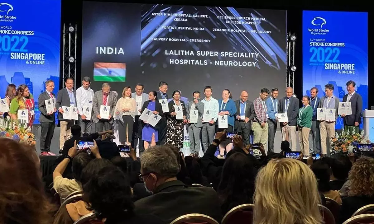 Dr Vijaya, Head of Neurosciences of Lalitha Super Specialties Hospital at Guntur, receiving the Angels Award of World Stroke Organisation in Singapore