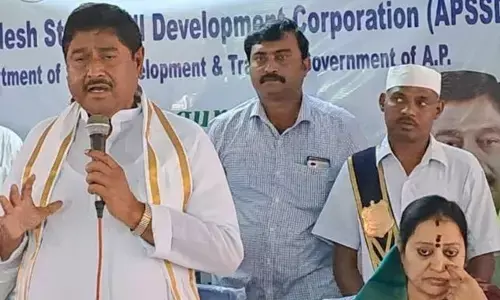 Revenue minister Dharmana Prasada Rao speaking at the inauguration of skill development hub in Srikakulam on Monday. Srikakulam municipality former chairperson  M V Padmavathi is also seen.