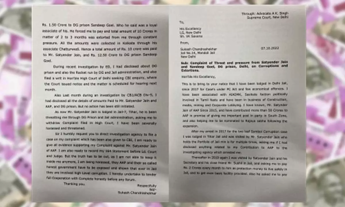 Satyendra Jain threatening me, paid Rs 50 cr to AAP: Conman Chandrashekhars letter to L-G