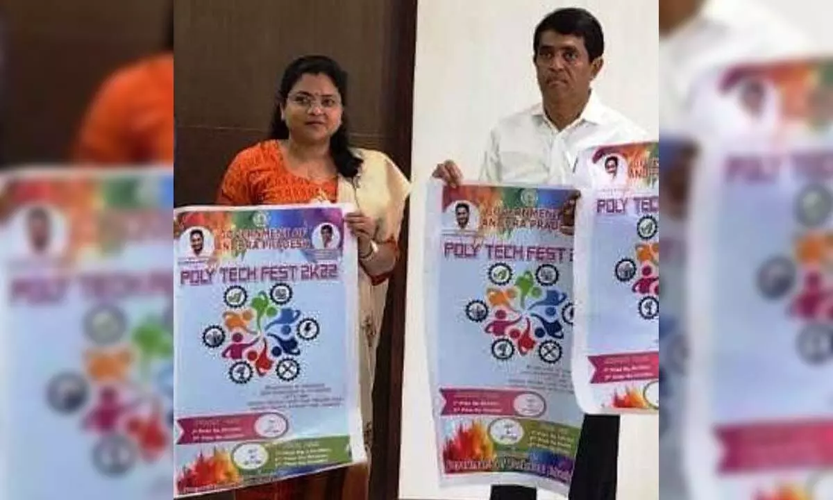 Minister Buggana Rajendranath and Commissioner of Technical Education Chadalawada Naga Rani releasing posters of Poly Tech Fest-2022, in Vijayawada on Tuesday
