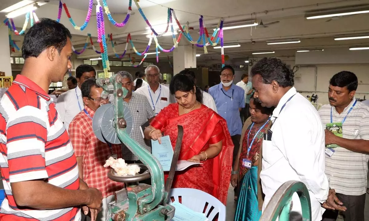 TTD JEO Sada Bhargavi inspecting the TTD printing press in Tirupati on Tuesday