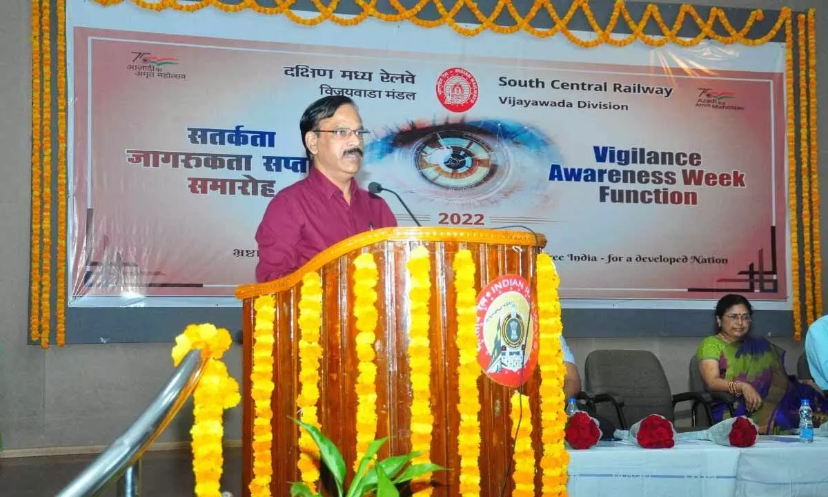 SCR Vijayawada division Chief Vigilance Officer DA Subrahmanyam speaking at a seminar at railway auditorium in Vijayawada on Wednesday