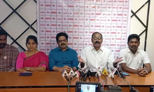 JSP PAC member Kona Tatarao speaking to the media in Visakhapatnam on Wednesday