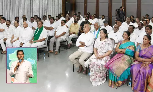 Chief Minister Y S Jagan Mohan Reddy addressing the YSRCP cadres from Mandapeta Assembly constituency at his camp office in Tadepalli on Wednesday
