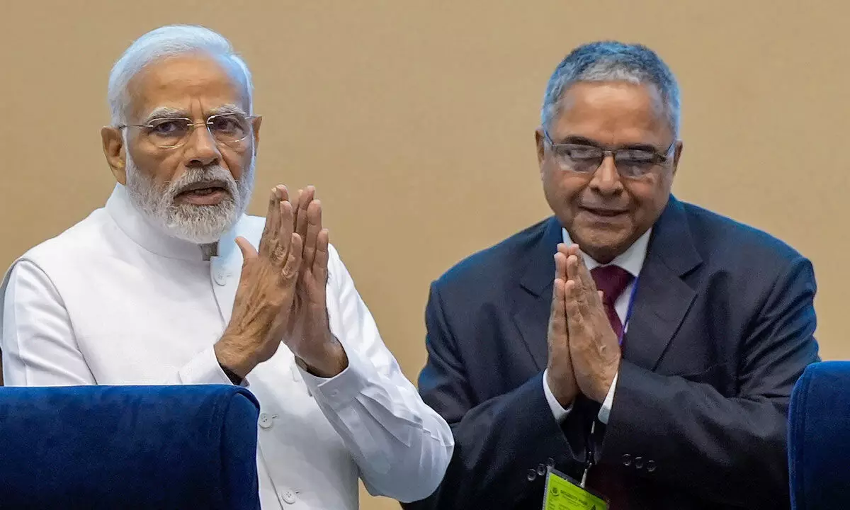 Prime Minister Narendra Modi with Central Vigilance Commissioner (CVC) Suresh N Patel during the launch of Complaint Management System portal of Central Vigilance Commission amid Vigilance Awareness Week 2022, in New Delhi on Thursday