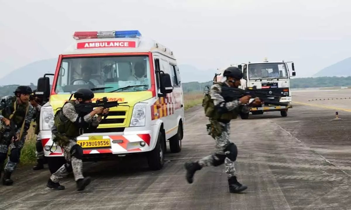 A view of antihijack mock drill exercise conducted in Visakhapatnam