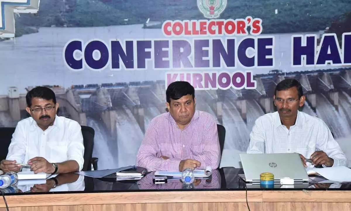 Special Chief Secretary to Government Ajay Jain addressing media at the collectorate in Kurnool on Thursday. District Collector P Koteshwara Rao and Joint Collector S Ramasunder Reddy are also seen.