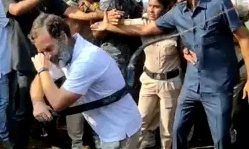 Congress leader Rahul Gandhi self-flagellates emulating ‘Pothuraju’ during the Bharat Jodo Yatra in Sangareddy on Thursday