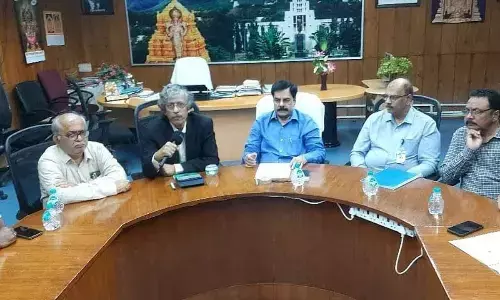 SV University Vice-Chancellor Prof K Raja Reddy addressing the media in Tirupati  on Thursday. Rector Prof V Srikanth Reddy, Registrar Prof OMd Hussain,  Prof S Varadarajan, Prof Sadanand Ghosh and others are seen.