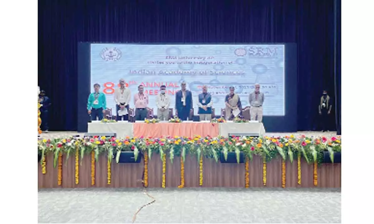 (From left to right) Prof Ranjit Thapa, Prof Vijay Mohanan Pillai, Prof D Narayana Rao, Dr P Sathyanarayanan, Umesh V Waghmare, Prof Manoj K Arora, Prof Renees Borges, and Prof Raghunathan V A on the inauguration of the 88th Annual Meeting of IASc at SRM AP.
