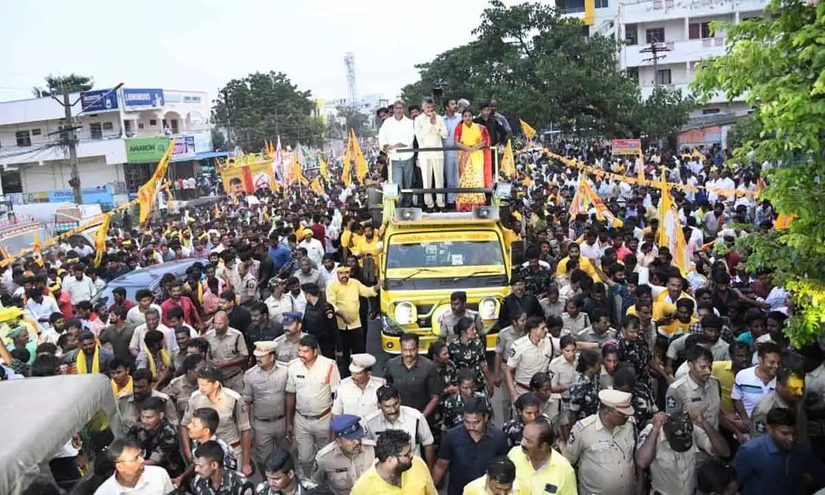 TDP national president N Chandrababu Naidu takes part in a road show at Nandigama in NTR district on Friday