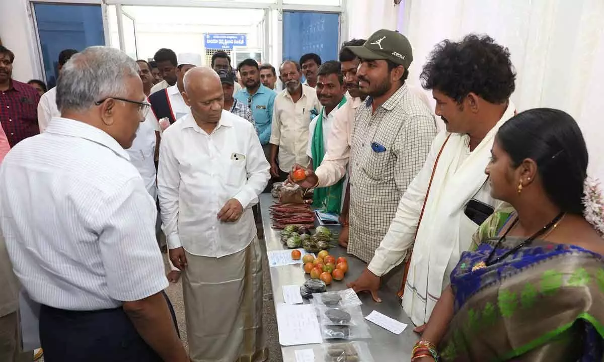 Ttd EO A V Dharma Reddy looks at organice products on display at a meeting of organic farmers in Tirupati on Friday