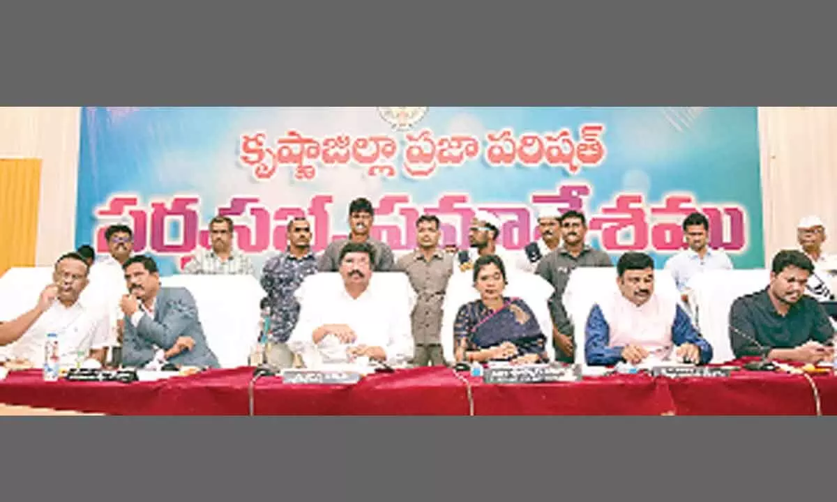 ZP chairperson Uppala Harika addressing ZP meeting in Machilipatnam on Friday. Minister Jogi Ramesh and Collectors P Ranjith Basha (Krishna) and S Dilli Rao (NTR District) are also seen.