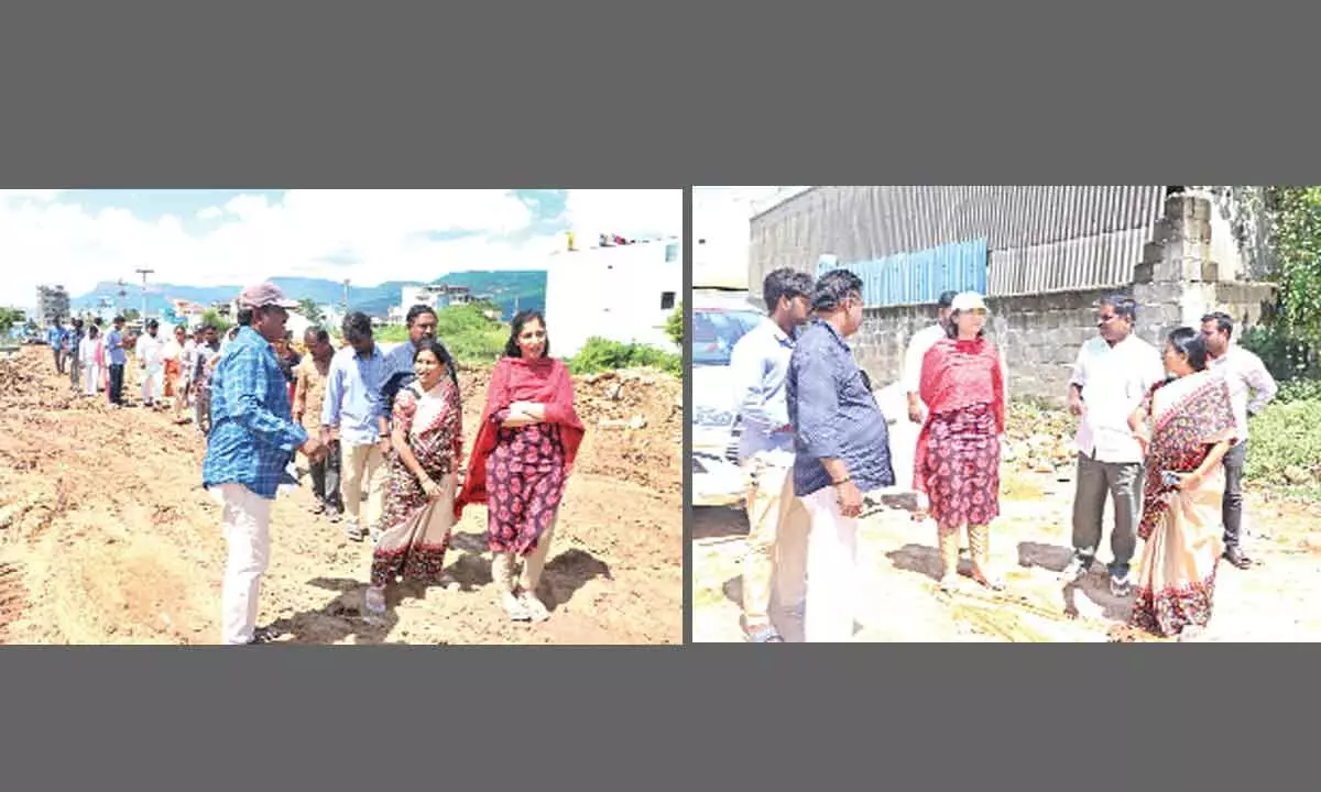 Commissioner Anupama Anajali and Additional commissioner Suneetha visiting the road development works in Tirupati on Friday.