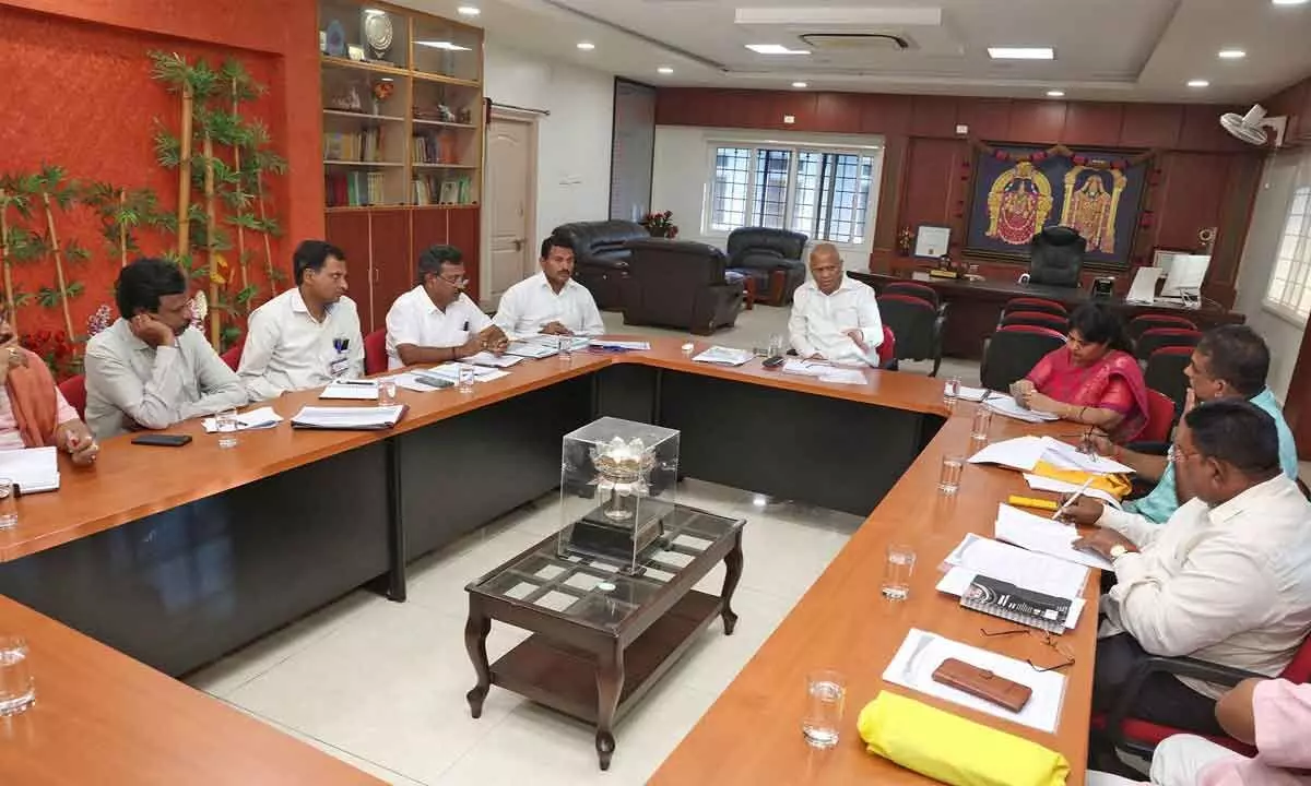 TTD EO A V Dharma Reddy holding a meeting with Samarastha Seva Foundation functionaries in Tirupati on Friday