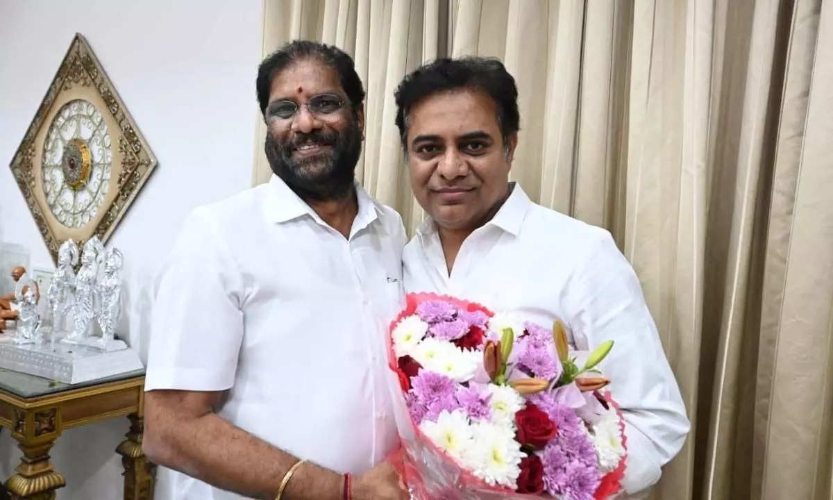 TRS working president K T Rama Rao meeting with MP Vaddiraju Ravichandra after the victory of TRS candidate,   at Pragathi Bhavan in Hyderabad on Sunday