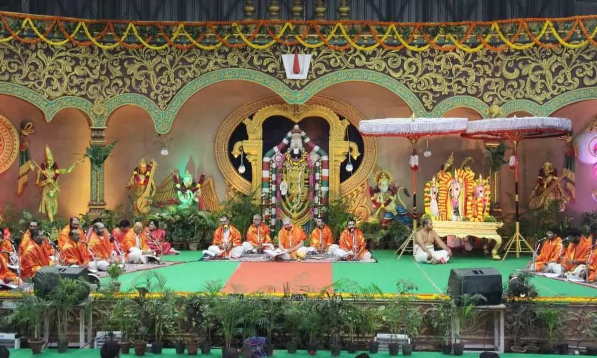 Vedic Pundits taking part in Valmiki Balakanda Akhanda Parayanam at Nadaneerajanam platform at Tirumala on Sunday