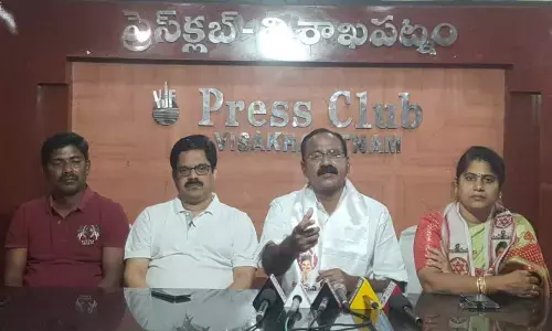 Jana Sena Party political affairs committee member Kona Tatarao addressing the media in Visakhapatnam on Sunday