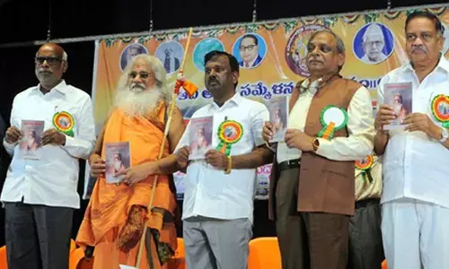 Union Minister A Narayanaswamy (third from right) and others releasing a book on Social Equity Association at Siddhartha Auditorium in Vijayawada on Sunday    Photo: Ch Venkata Mastan