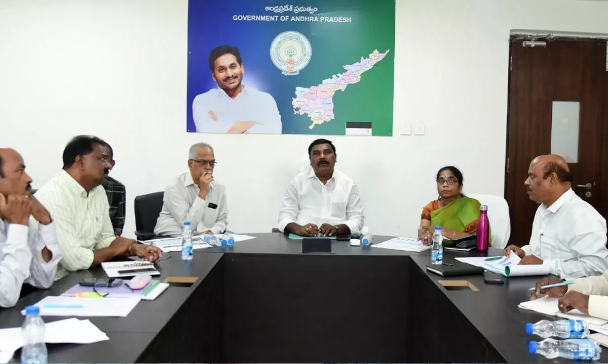 Social Welfare Minister Merugu Nagarjuna holding a meeting with officials at the Secretariat at Velagapudi on Monday