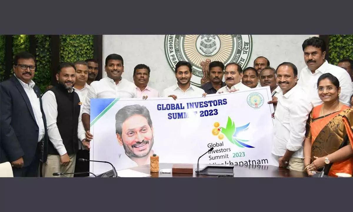 Chief Minister YS Jagan Mohan Reddy unveils the logo of the Global Investors’ Summit - 2023 in Vijayawada on Tuesday. The Summit is scheduled to be held in Visakhapatnam on March 3 and 4