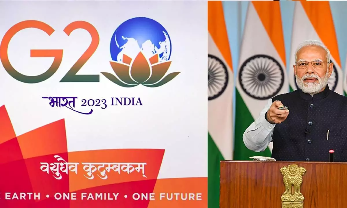 PM Narendra Modi unveils the of logo, theme and website of Indias G20 Presidency, via video conferencing, in New Delhi on Tuesday