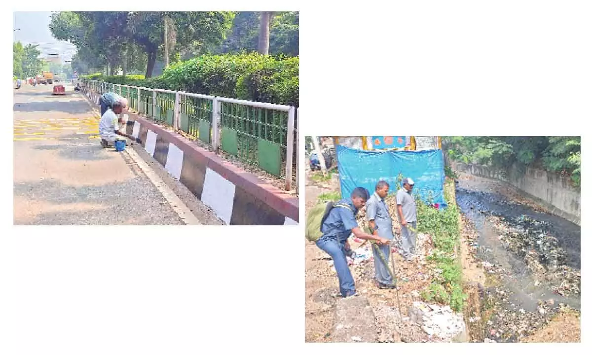 Ahead of Prime Minister Narendra Modi’s visit to Visakhapatnam, beautification work carried out at national highway in Visakhapatnam; Bomb squad examining near a drainage for security reasons in Visakhapatnma on Tuesday