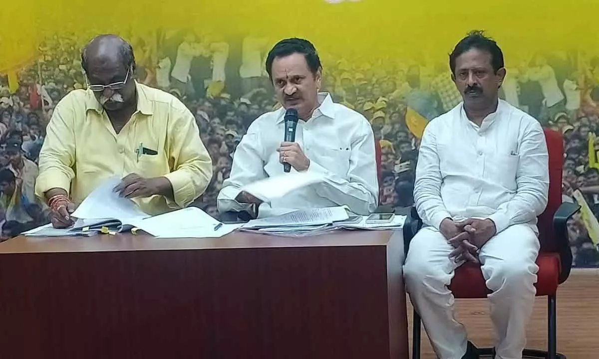 TDP former minister Bandaru Satyanarayana Murthy addressing the media in Visakhapatnam on Tuesday