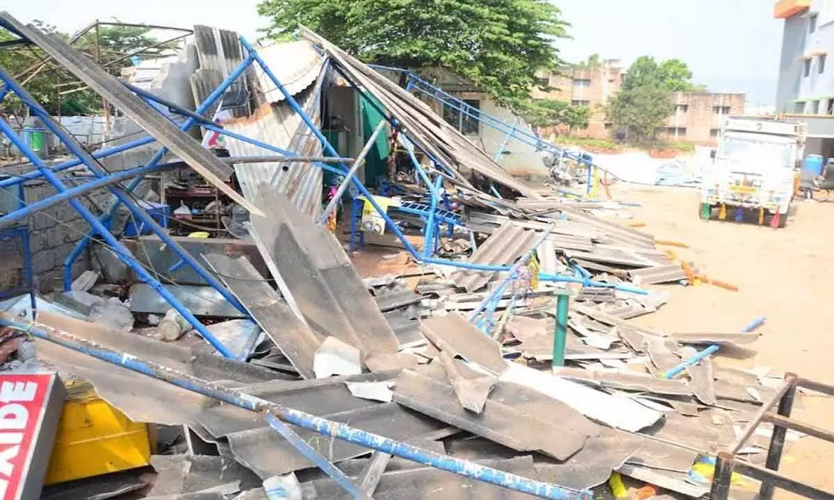 Shops and sheds went flat adjacent to Polamamba temple road near AU grounds in  Visakhapatnam on Tuesday