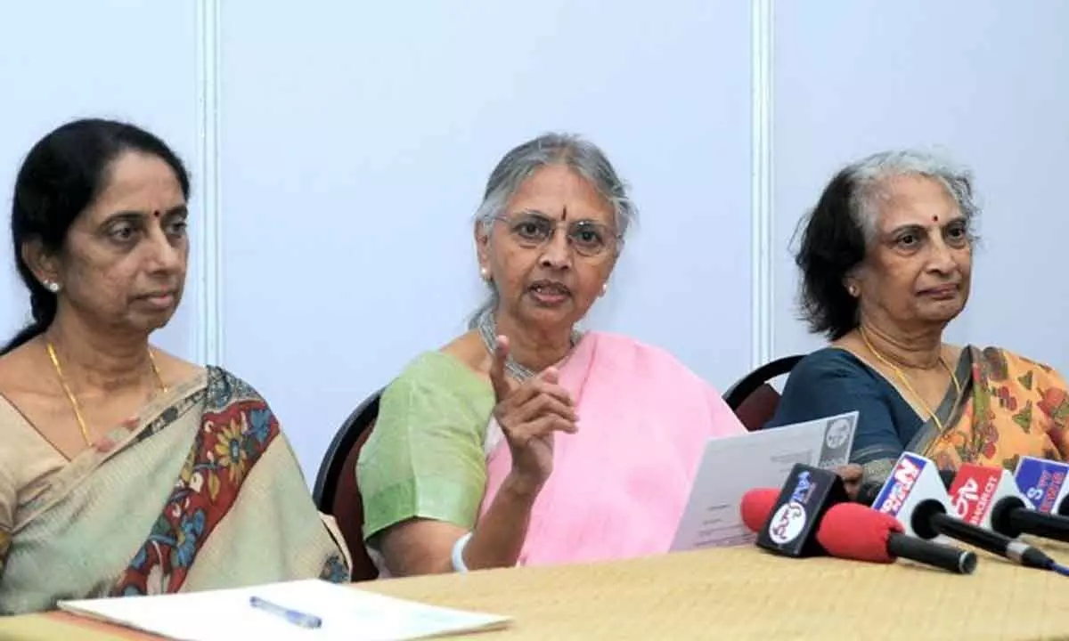 CCAP Secretary S Ranjana (centre) and members addressing a press conference in Vijayawada on Tuesday	Photo: Ch Venkata Mastan