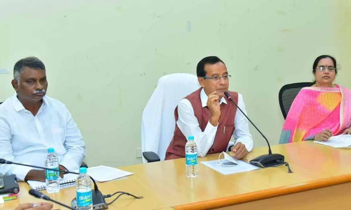 Sathya Sai District Collector Basanth Kumar holding a meeting with officials in Puttaparthi on Tuesday