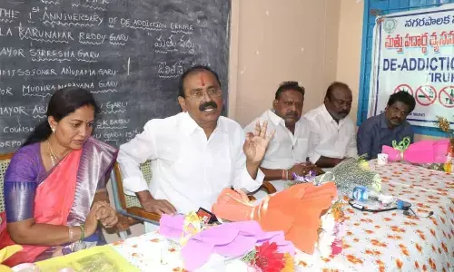 MLA Bhumana Karunakar Reddy speaking at the first anniversary of Tirupati Municipal Corporations de-addiction centre in Tirupati on Tuesday. Mayor Dr R Sirisha is also seen.