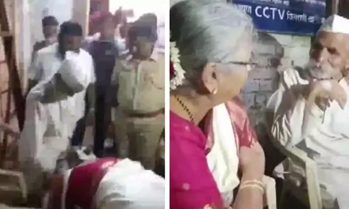 Screenshot from the viral video (left); Sudha Murthy meeting Sambhaji Bhide (right)