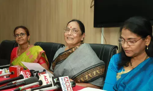 SPMVV V-C Prof D Jamuna addressing the media in Tirupati on Wednesday. Prof K Madhu Jyothi and Prof D M Mamatha are also seen.