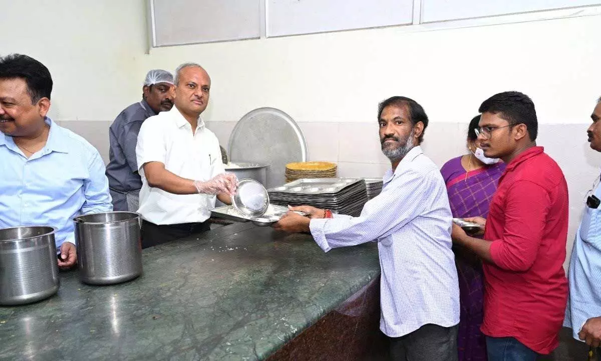 Food is being served at the renovated divisional office staff canteen in Vijayawada on Thursday