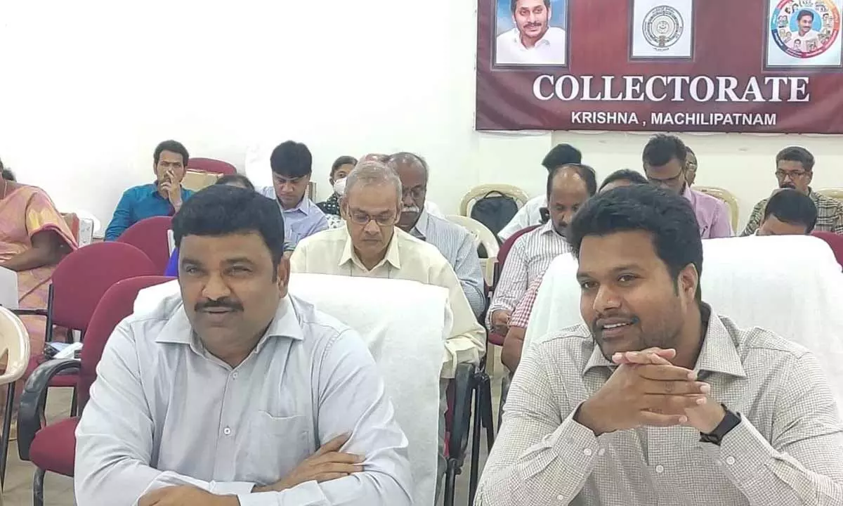 Krishna District Collector P Ranjith Basha participating in a videoconference from his in Machilipatnam on Thursday