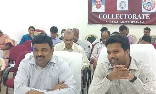 Krishna District Collector P Ranjith Basha participating in a videoconference from his in Machilipatnam on Thursday