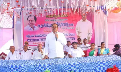Former Minister Tummala Nageswara Rao speaking atAthmeeyaSammelanamheld at WazeduMulugu district on Thursday